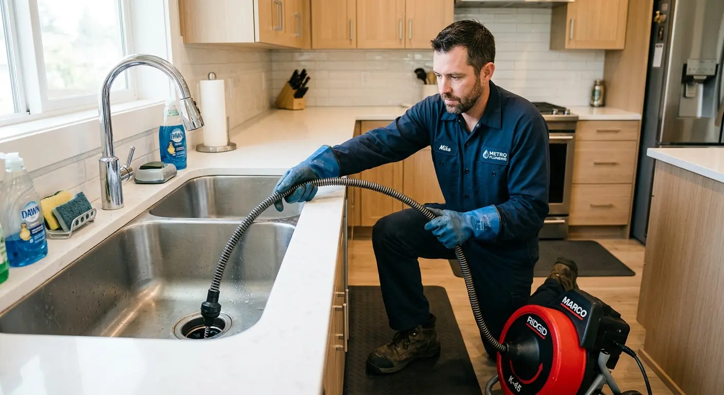 Drain cleaning technician using a motorized snake on a kitchen sink in Millsboro