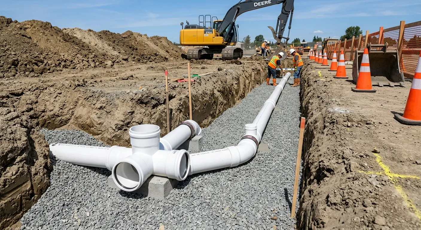 New PVC sewer pipe installation in open trench for Sewer Backup in Millsboro