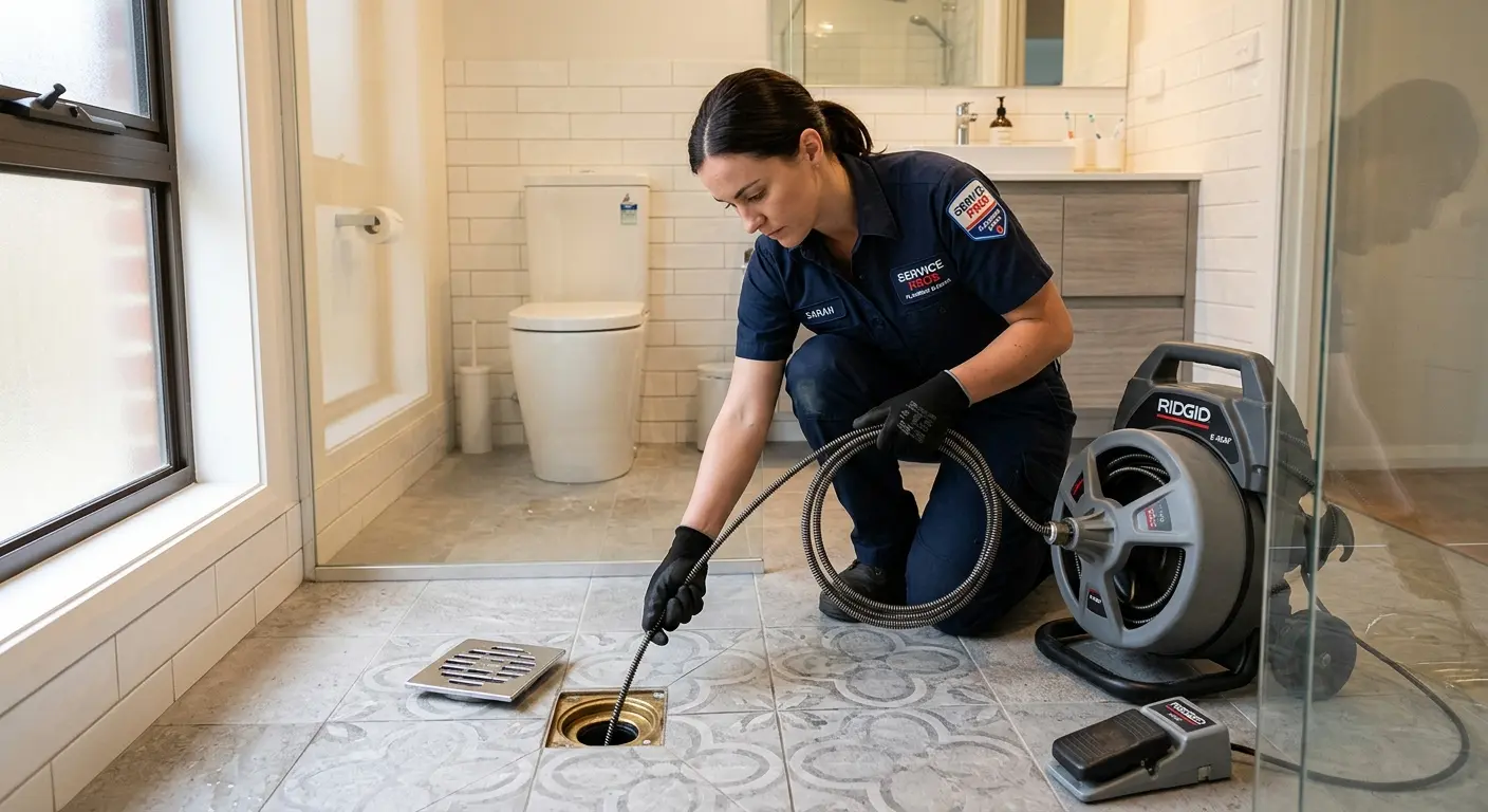 Technician clearing a bathroom floor drain for Drain Cleaning in Millsboro